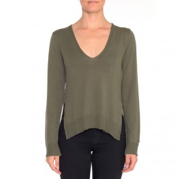 NON SENSE COTTON V-NECK PULLOVER DARK ARMY GREEN